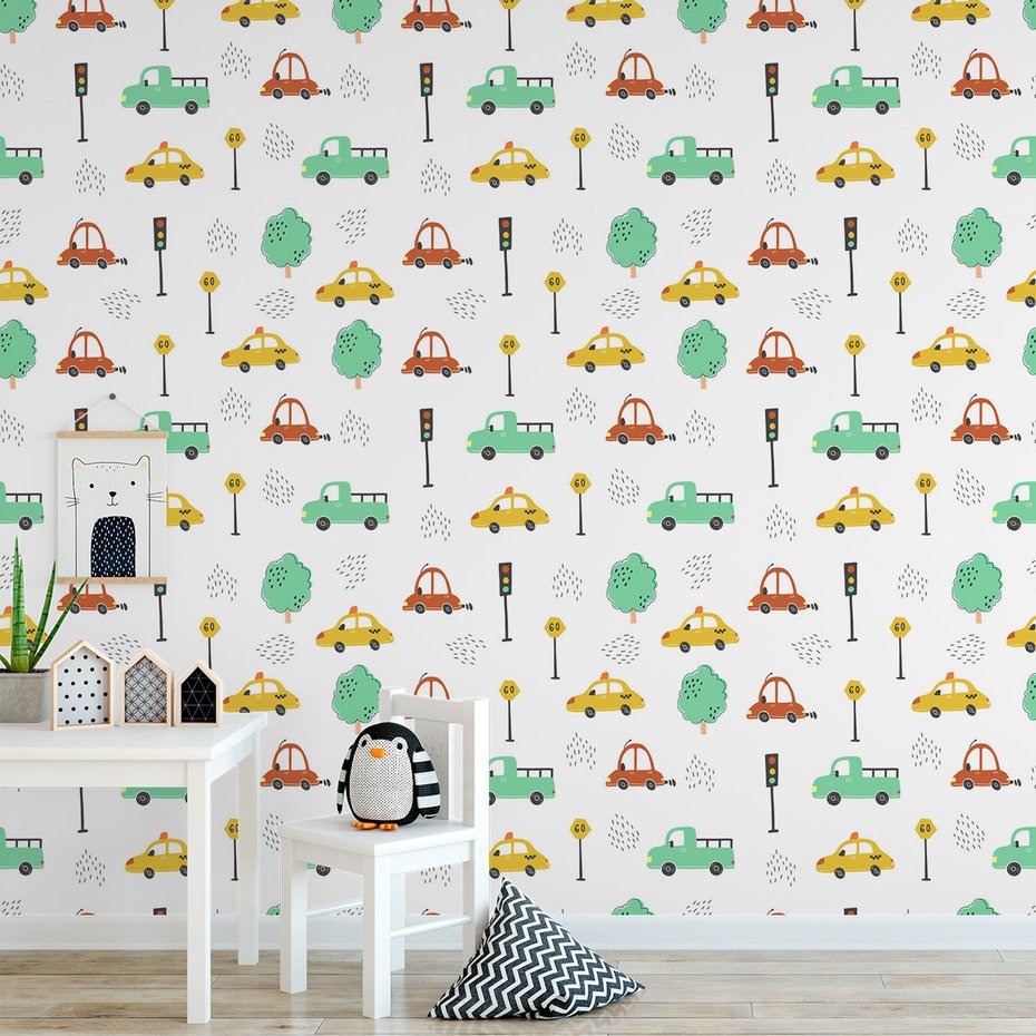 Tapeta - dziecięca, samochody, znaki,