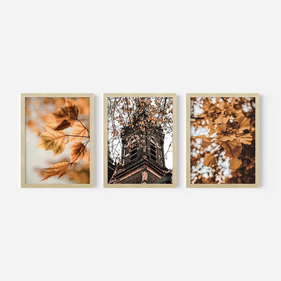 Zestaw obrazy w ramie, plakaty - liście, jesień, budynek - rama drewno
