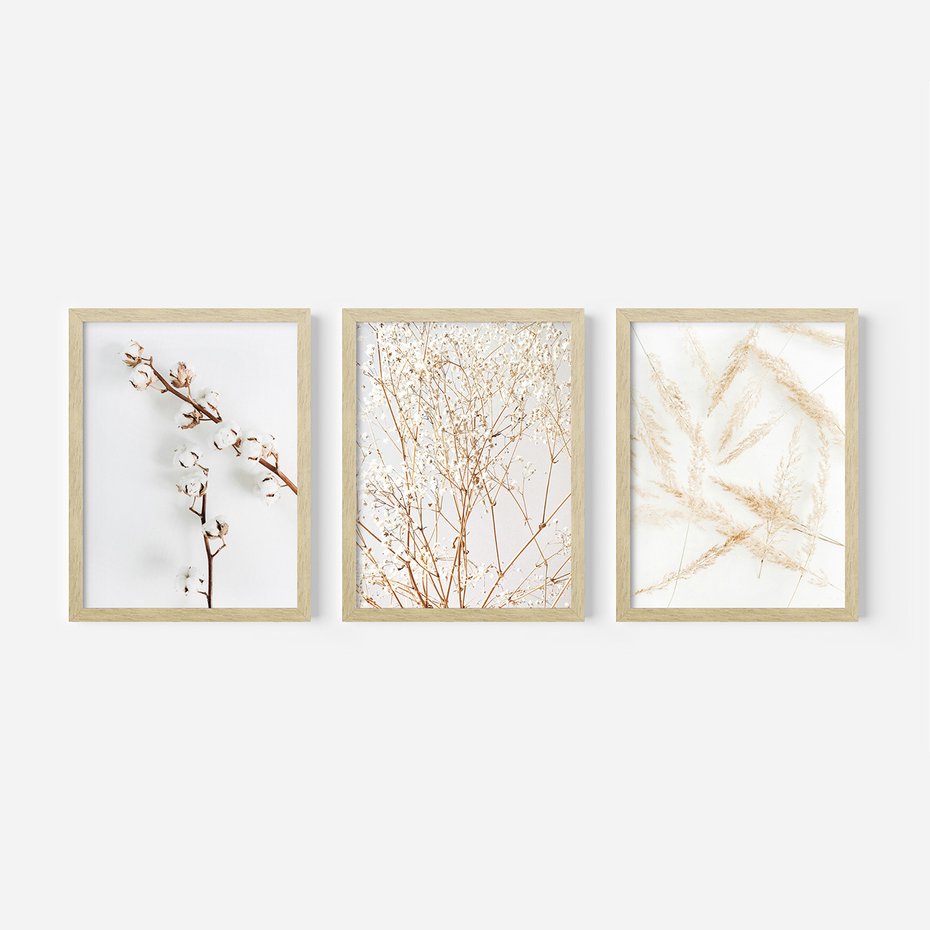 Zestaw obrazy w ramie, plakaty - kwiaty, gałązki, minimalizm - rama drewno