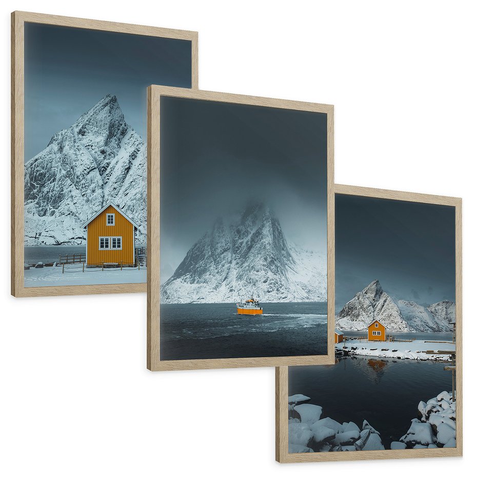 Zestaw obrazy w ramie, plakaty - góry, śnieg, domki - rama drewno