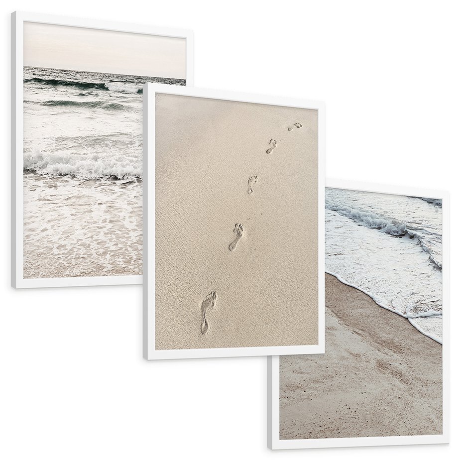 Zestaw obrazy w ramie, plakaty - plaża, piasek, morze - rama biała