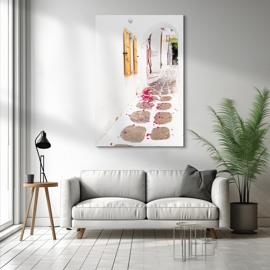 Obraz na płótnie - uliczka, kwiaty, biały