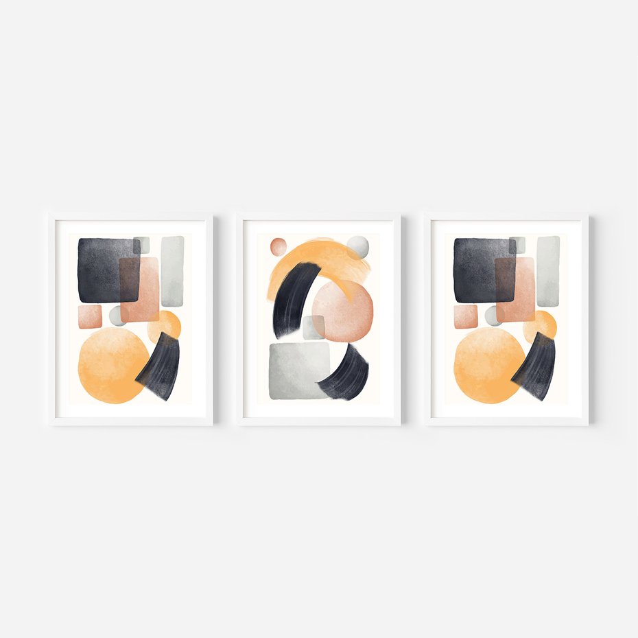 Zestaw obrazy w ramie, plakaty - abstrakcja, geometryczne, kształty - rama biała