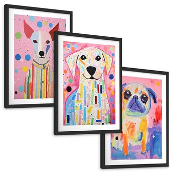 Zestaw obrazy w ramie, plakaty - zwierzęta, psy, kolorowe - rama czarna