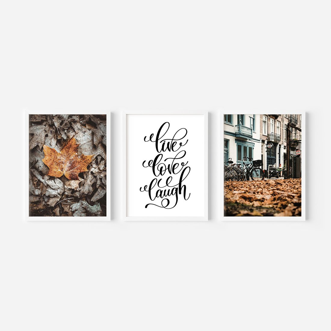 Zestaw obrazy w ramie, plakaty - liście, jesień, napisy - rama biała