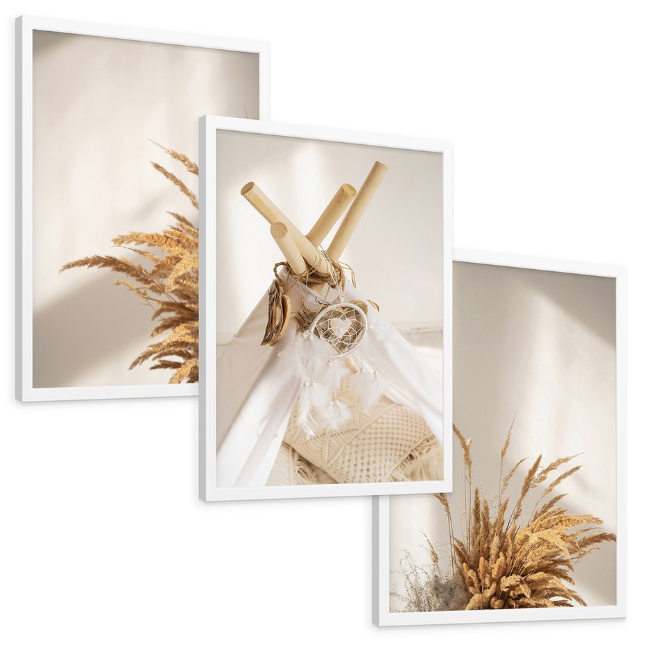 Zestaw obrazy w ramie, plakaty - trawa, dekoracja, pióra - rama biała