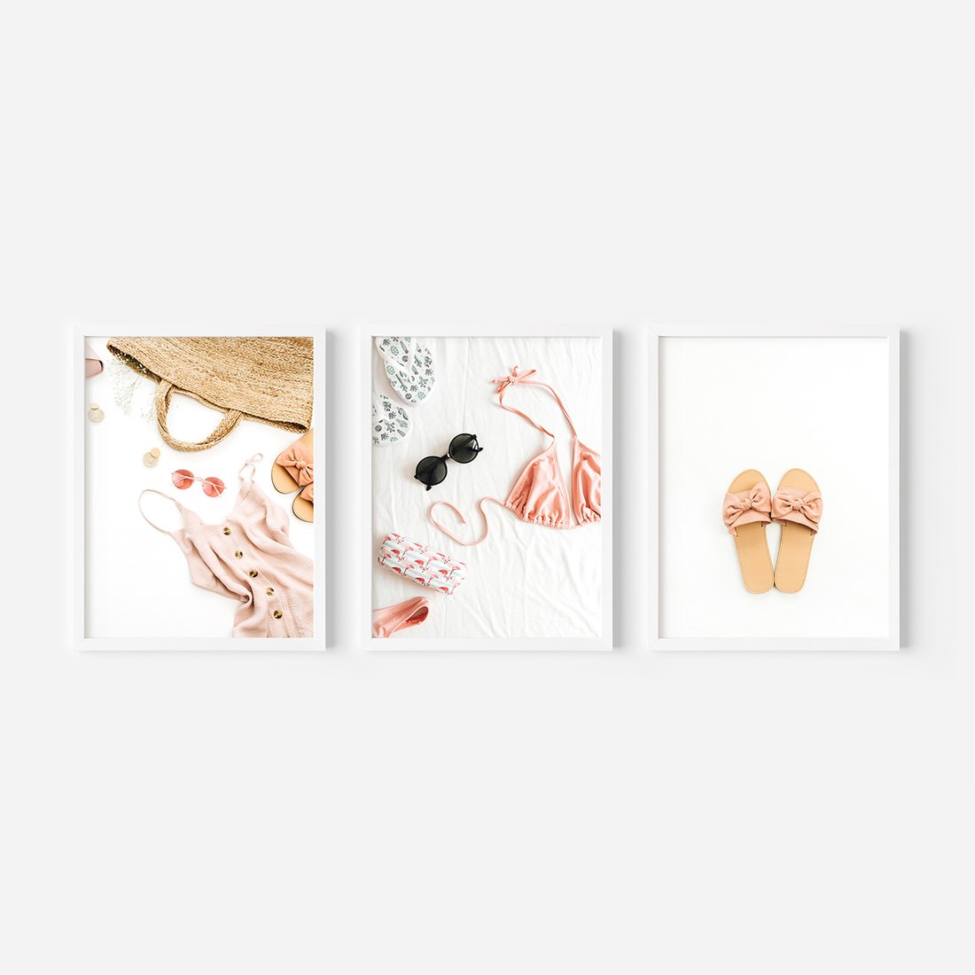 Zestaw obrazy w ramie, plakaty - moda, lato, akcesoria - rama biała