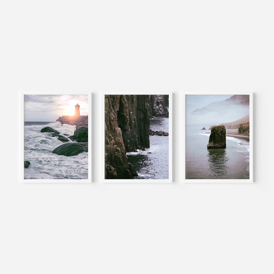 Zestaw obrazy w ramie, plakaty - morze, skały, wybrzeże - rama biała