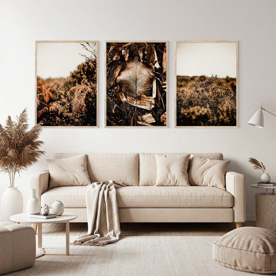 Zestaw obrazy w ramie, plakaty - liście, roślinność, brązowy - rama drewno