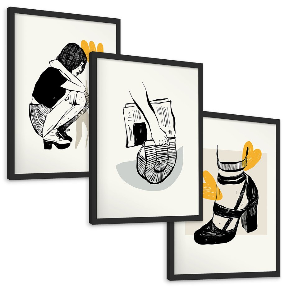 Zestaw obrazy w ramie, plakaty - rysunek, kobieta, kwiat - rama czarna