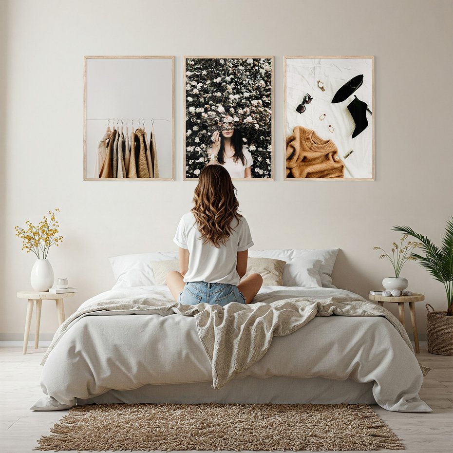 Zestaw obrazy w ramie, plakaty - ubrania, kobieta, styl - rama drewno