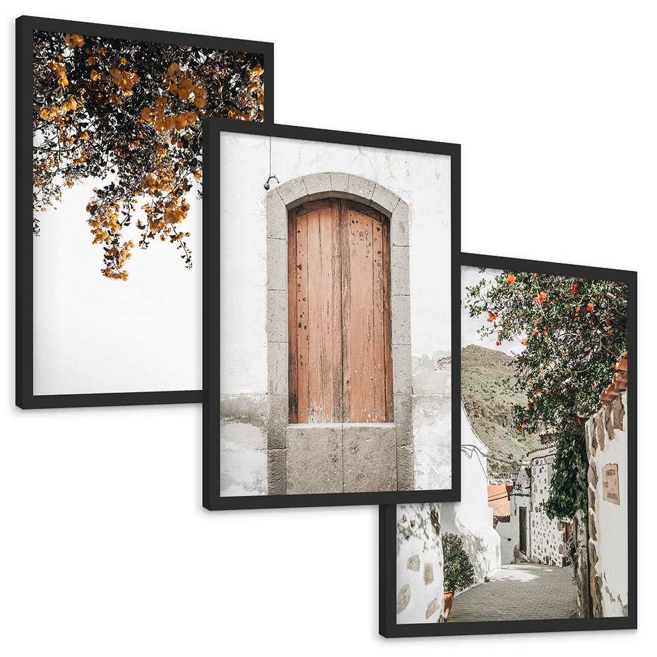 Zestaw obrazy w ramie, plakaty - drzwi, kwiaty, budynki - rama czarna