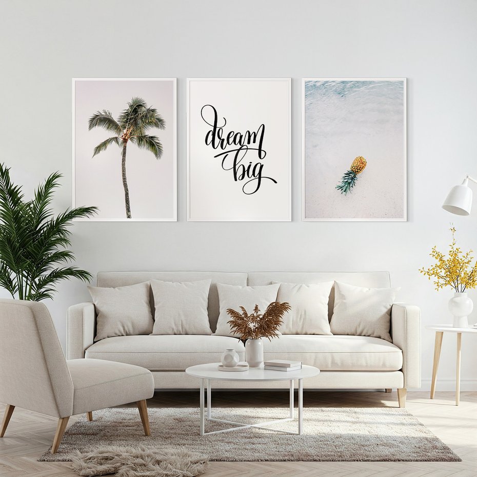 Zestaw obrazy w ramie, plakaty - palma, ananas, tropikalny - rama biała