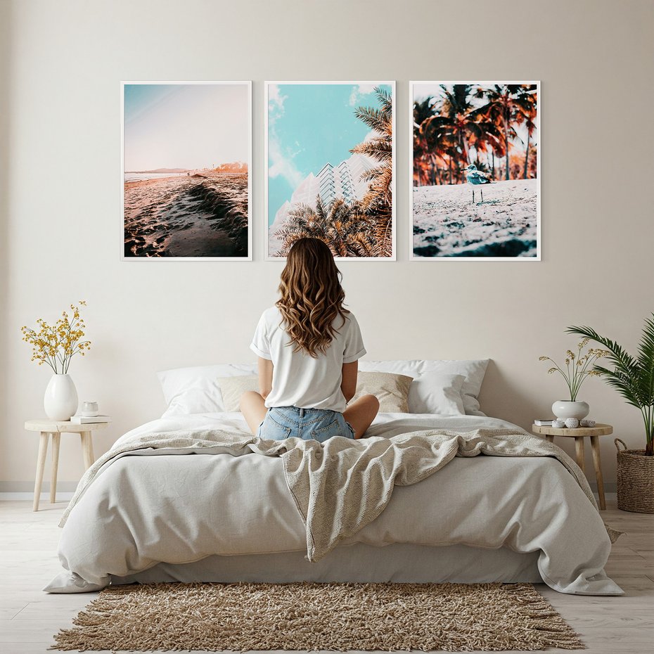 Zestaw obrazy w ramie, plakaty - plaża, palmy, budynek - rama biała