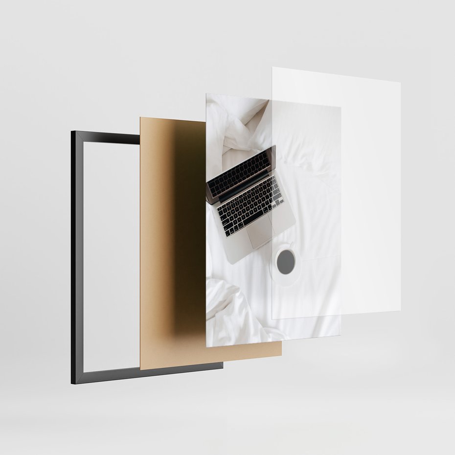 Zestaw obrazy w ramie, plakaty - minimalizm, kawa, laptop - rama czarna