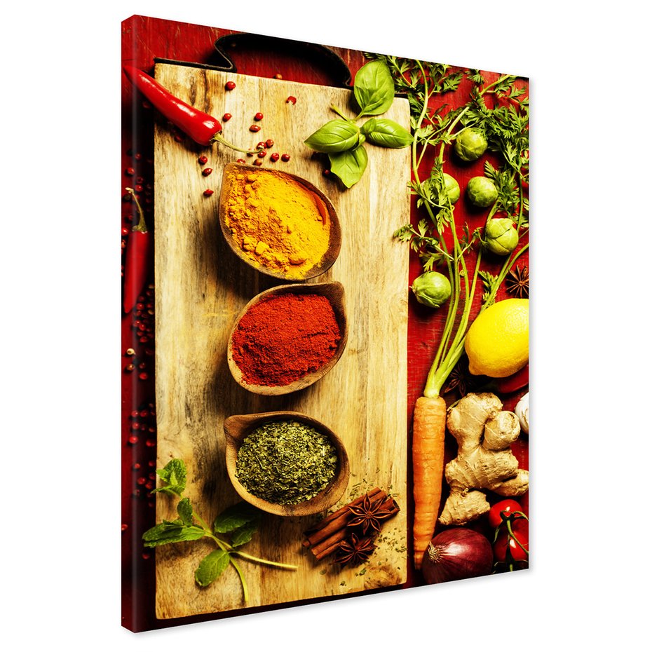 Obraz na płótnie - przyprawy, warzywa, deska