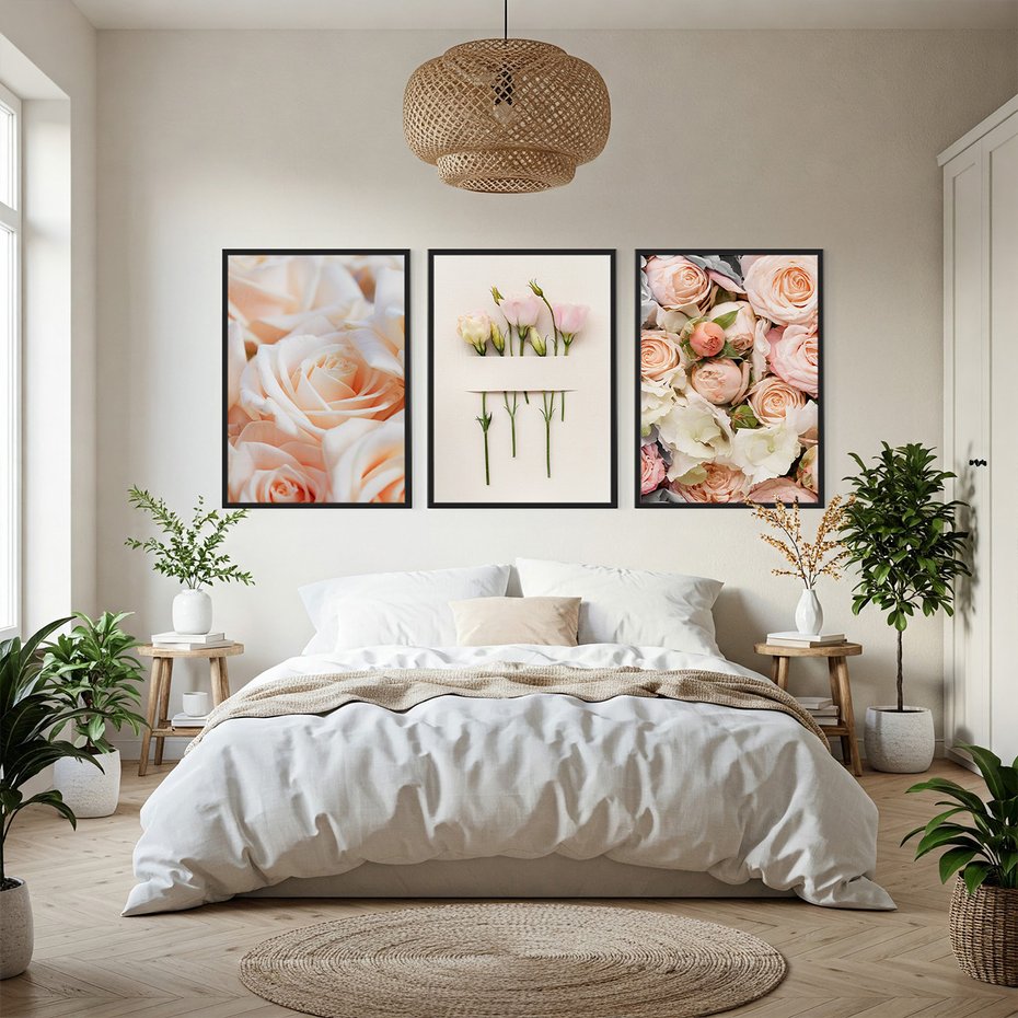 Zestaw obrazy w ramie, plakaty - kwiaty, róże, pastelowe - rama czarna