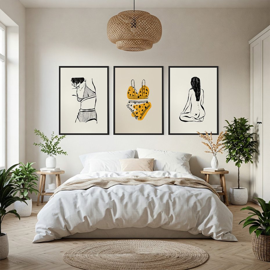 Zestaw obrazy w ramie, plakaty - kobieta, bielizna, ciało - rama czarna
