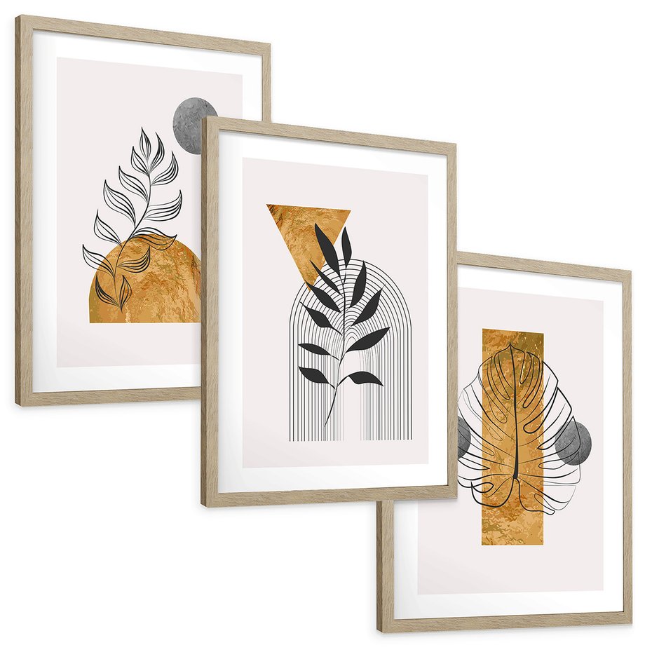 Zestaw obrazy w ramie, plakaty - liście, abstrakcja, złoto - rama drewno