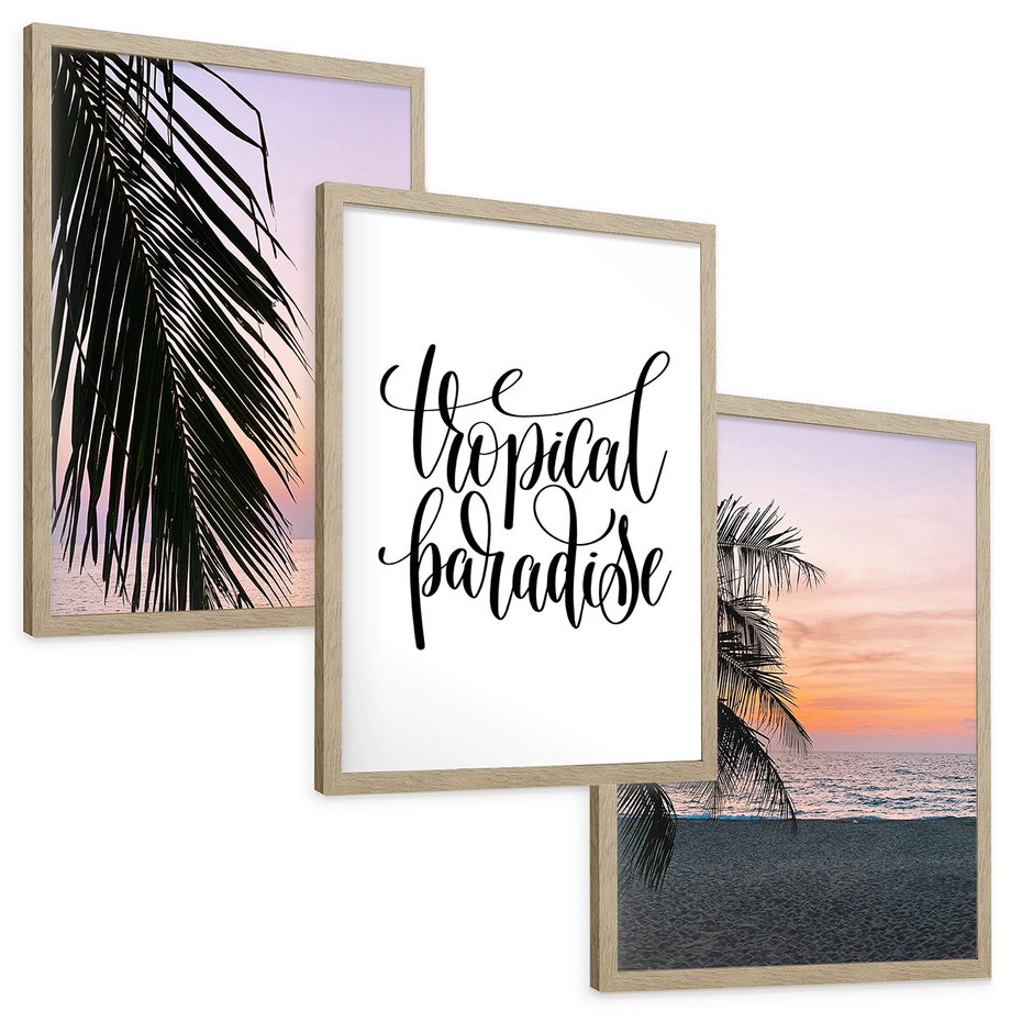 Zestaw obrazy w ramie, plakaty - palma, tropiki, morze - rama drewno