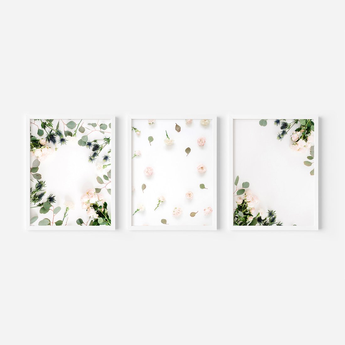 Zestaw obrazy w ramie, plakaty - kwiaty, liście, eukaliptus - rama biała