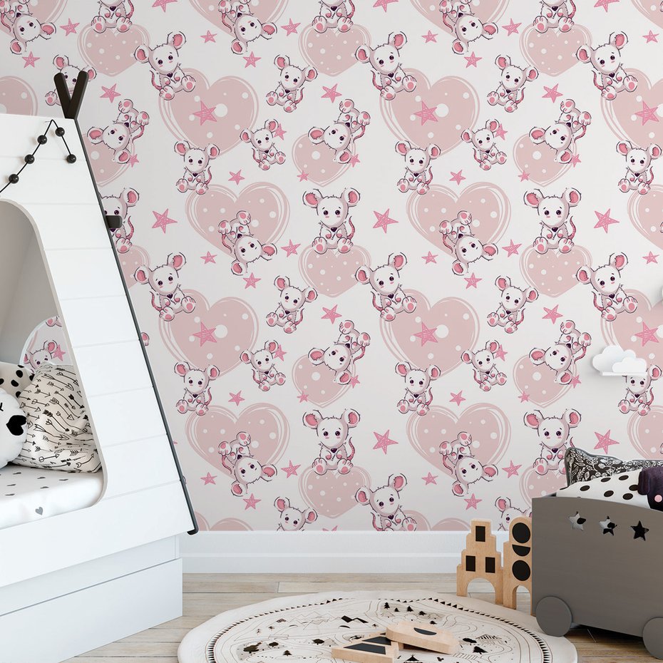 Tapeta - dziecięca, mysz, serca, gwiazdy