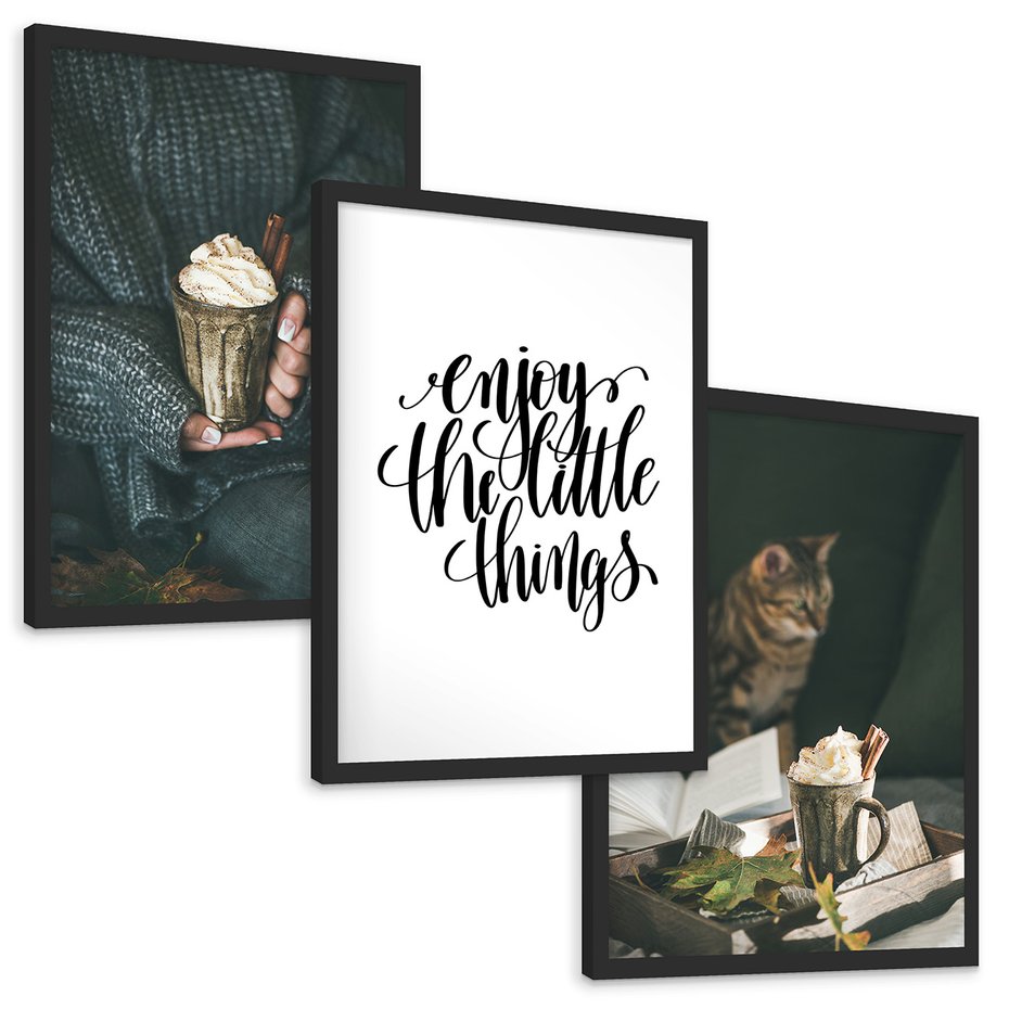 Zestaw obrazy w ramie, plakaty - jesień, napój, kot - rama czarna