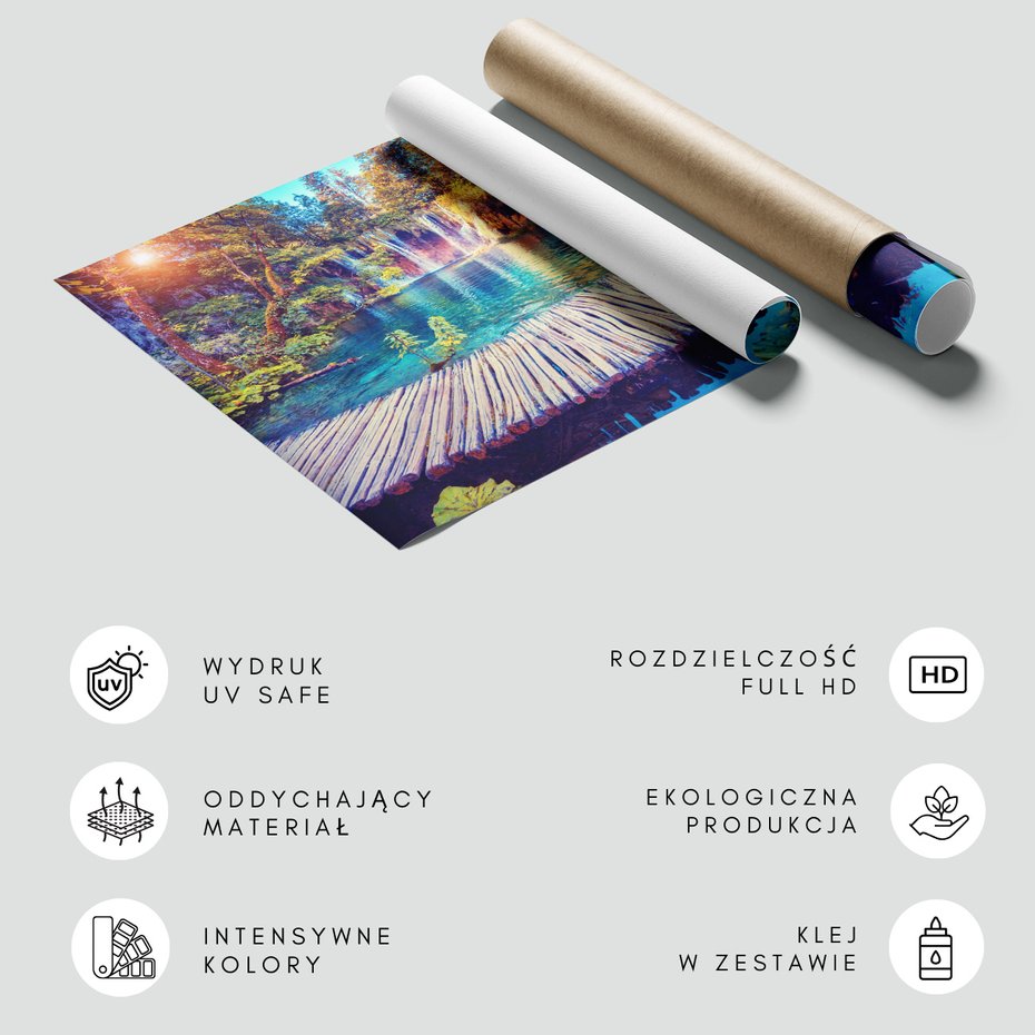 Fototapeta - wodospad, jezioro, las