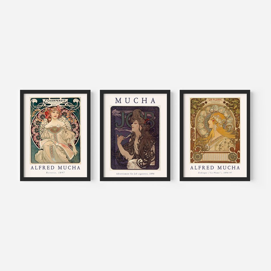 Zestaw obrazy w ramie, plakaty - Mucha, secesja, artystyczne - rama czarna