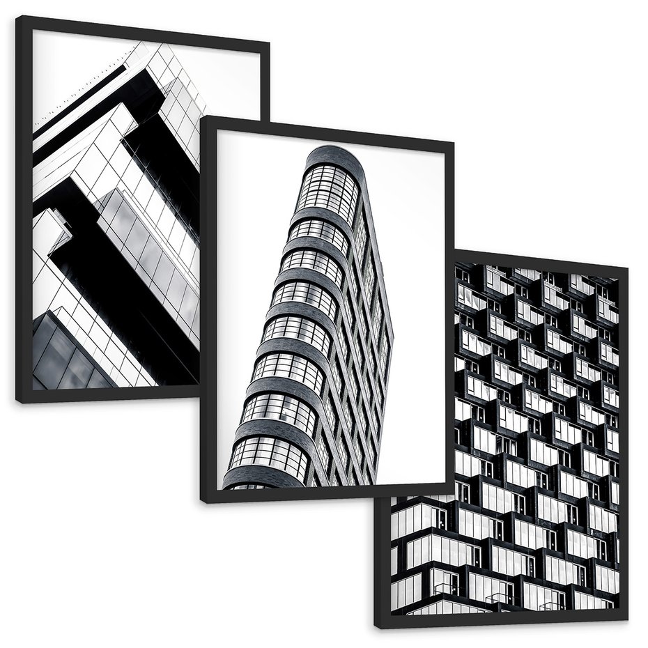 Zestaw obrazy w ramie, plakaty - architektura, budynki, miasto - rama czarna