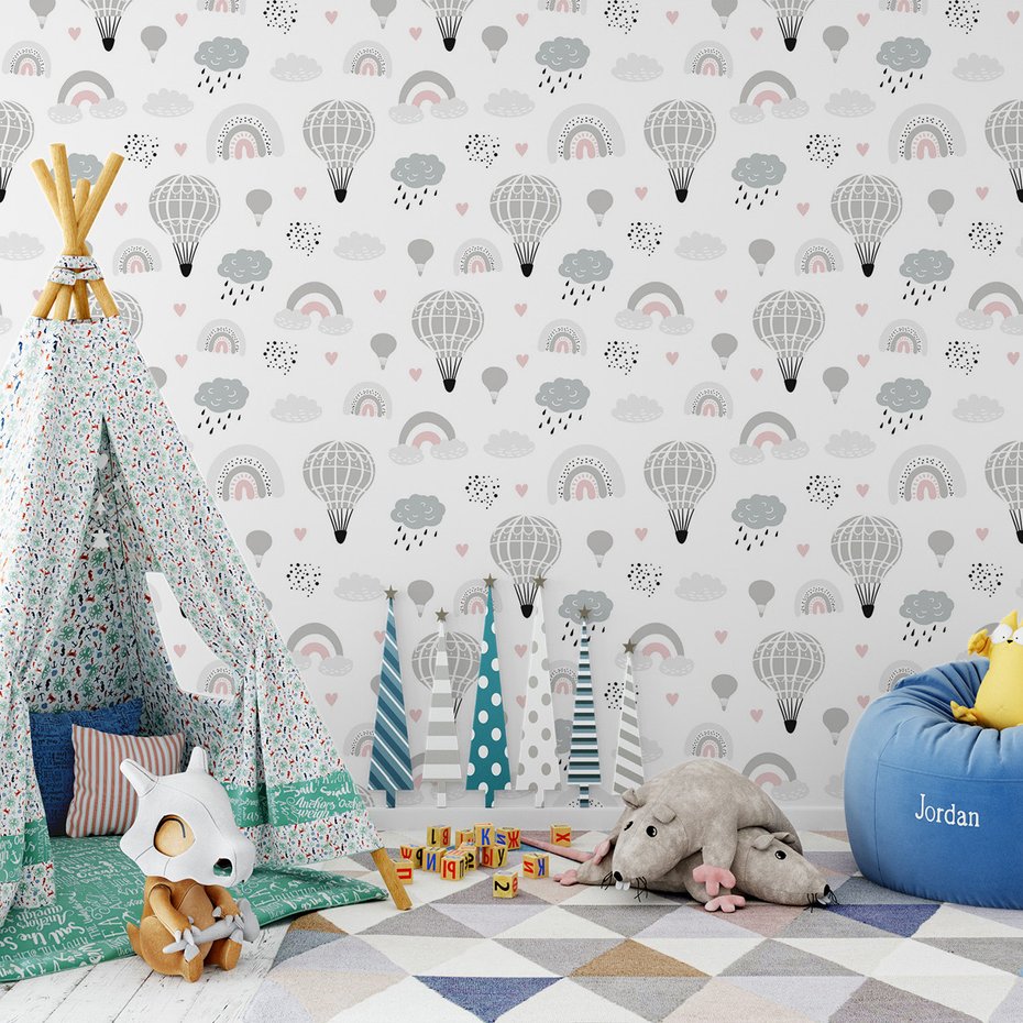 Tapeta - dziecięca, balony, chmury, tęcze