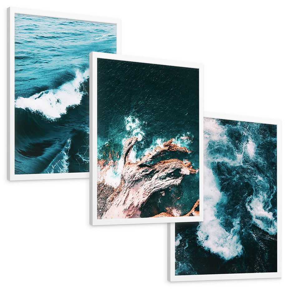 Zestaw obrazy w ramie, plakaty - woda, fale, morze - rama biała