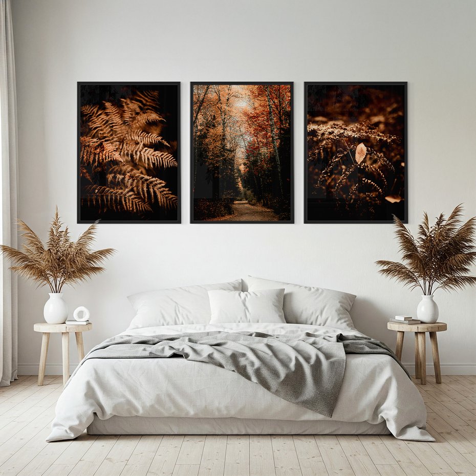 Zestaw obrazy w ramie, plakaty - jesień, liście, brązowy - rama czarna