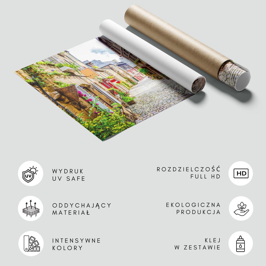 Fototapeta - uliczka, kwiaty, budynki