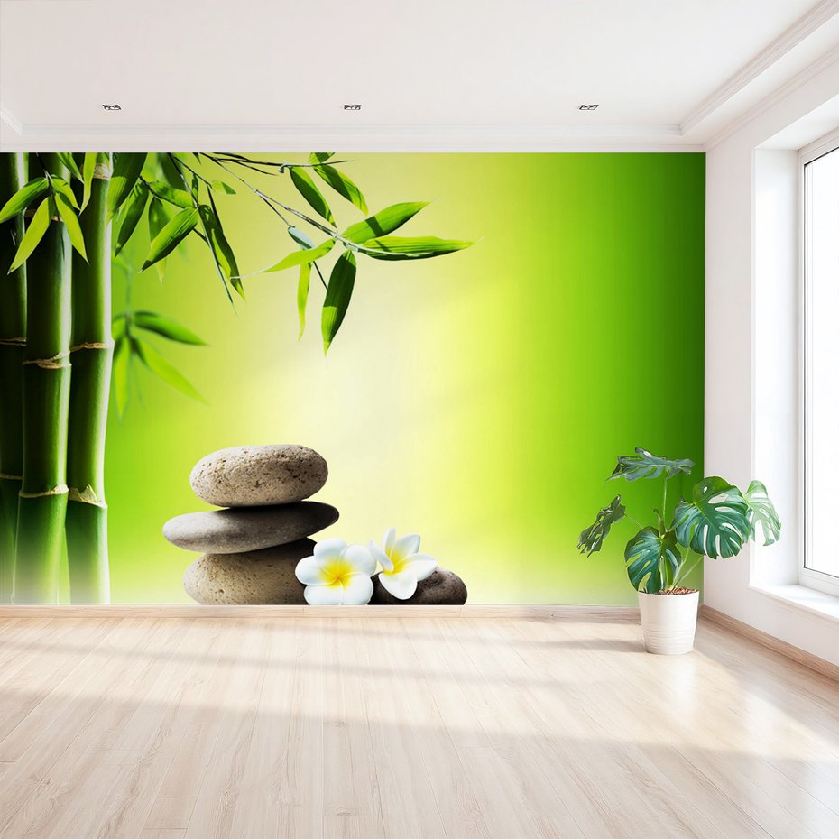 Fototapeta - bambus, kwiaty, kamienie