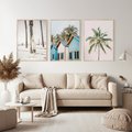 Zestaw obrazy w ramie, plakaty - palmy, plaża, domki - rama drewno