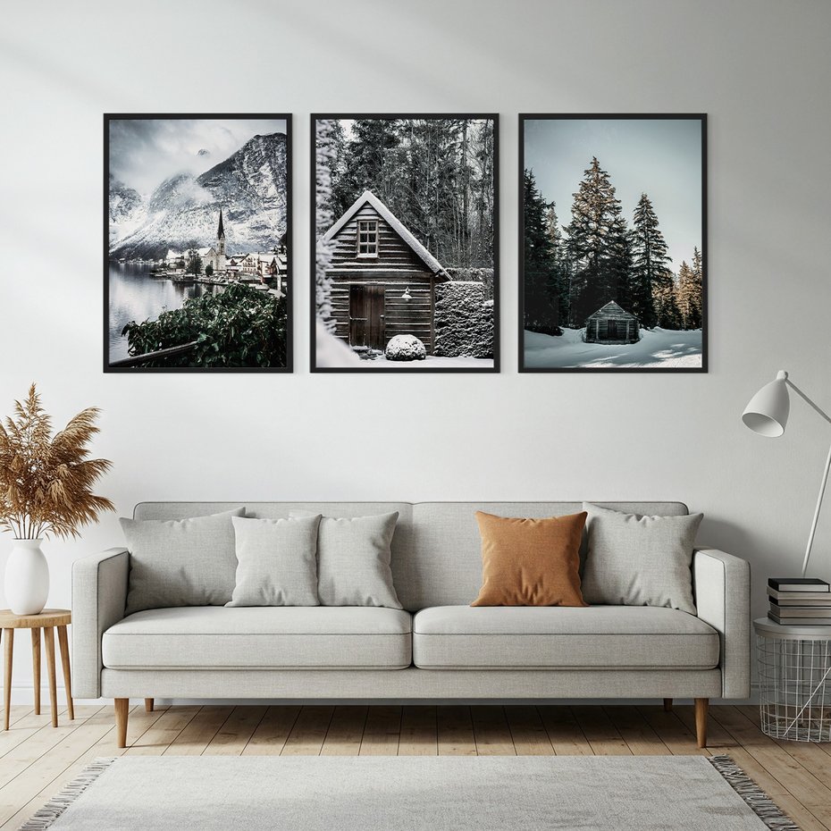 Zestaw obrazy w ramie, plakaty - zima, śnieg, krajobraz - rama czarna