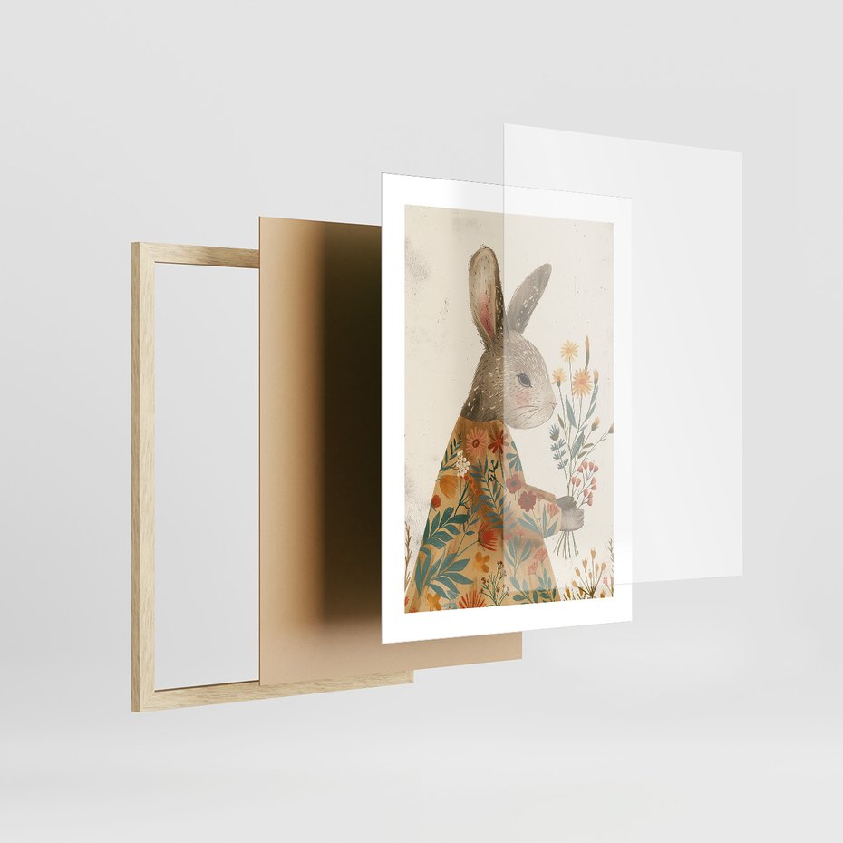 Zestaw obrazy w ramie, plakaty - króliki, dziewczynka, kwiaty - rama drewno