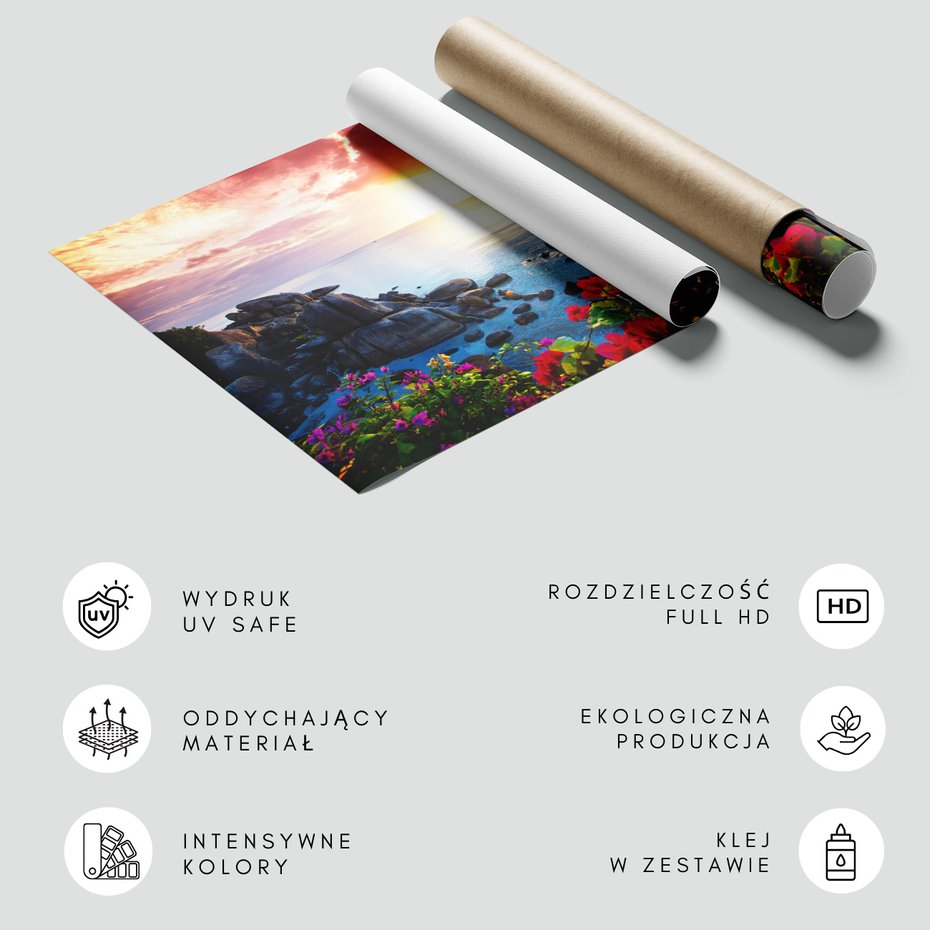 Fototapeta - morze, skały, kwiaty