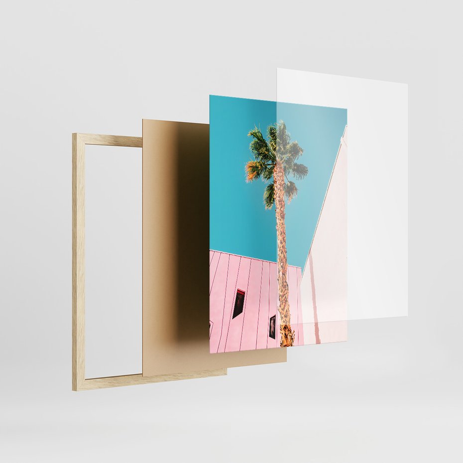 Zestaw obrazy w ramie, plakaty - palmy, plaża, tropiki - rama drewno