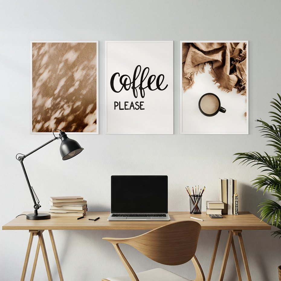 Zestaw obrazy w ramie, plakaty - kawa, napój, tekst - rama biała