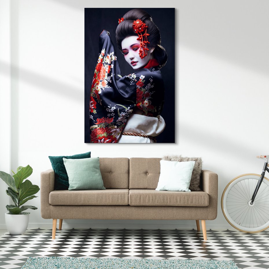 Obraz na płótnie - gejsza, kwiaty, kimono