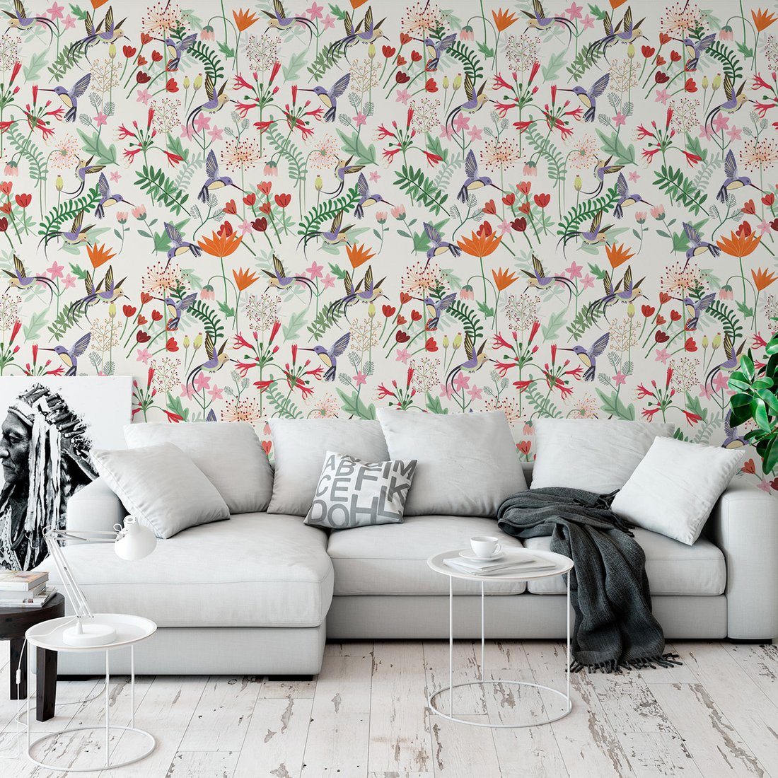 Tapeta - kwiaty, kolibry, liście