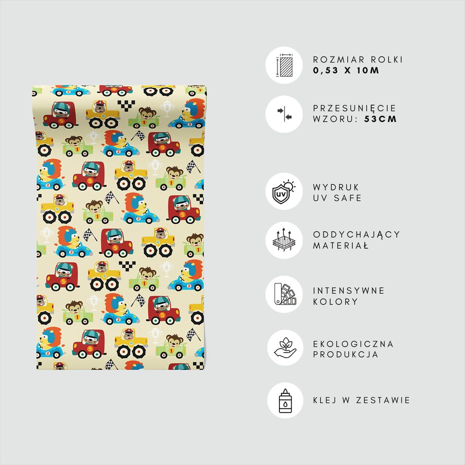Tapeta - dziecięca, samochody, zwierzęta,