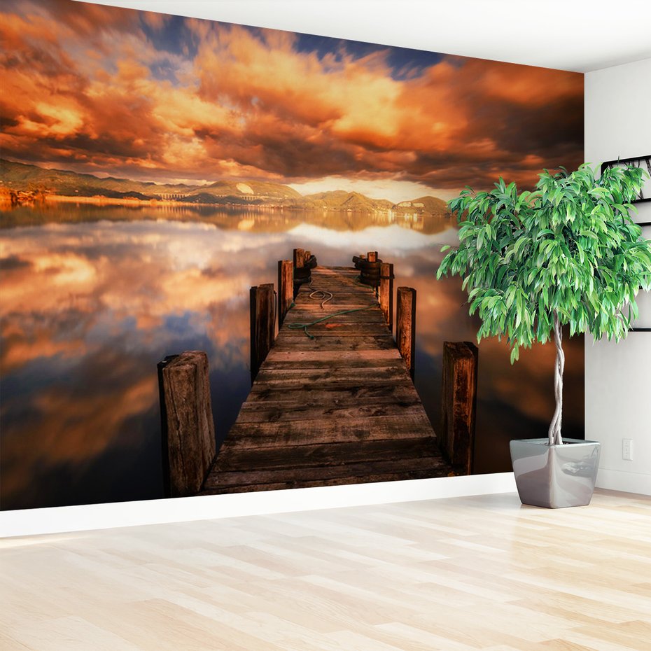 Fototapeta - jezioro, molo, chmury