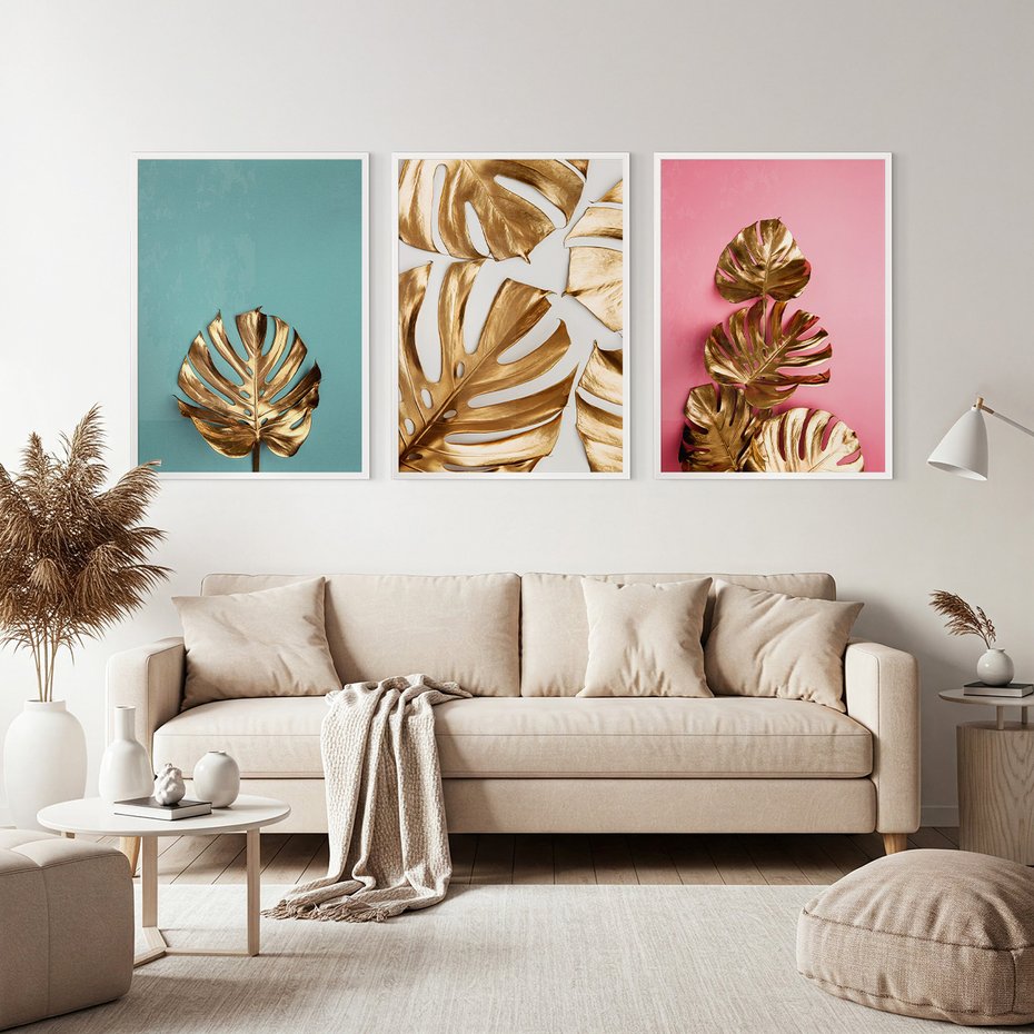 Zestaw obrazy w ramie, plakaty - liście, złoty, monstera - rama biała