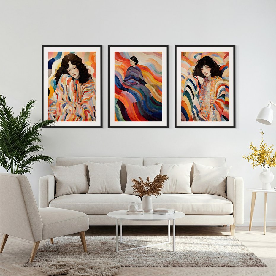 Zestaw obrazy w ramie, plakaty - kobieta, wzory, kolory, - rama czarna