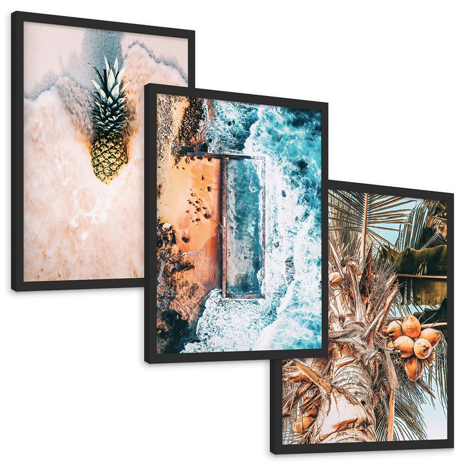Zestaw obrazy w ramie, plakaty - ananas, plaża, kokosy - rama czarna