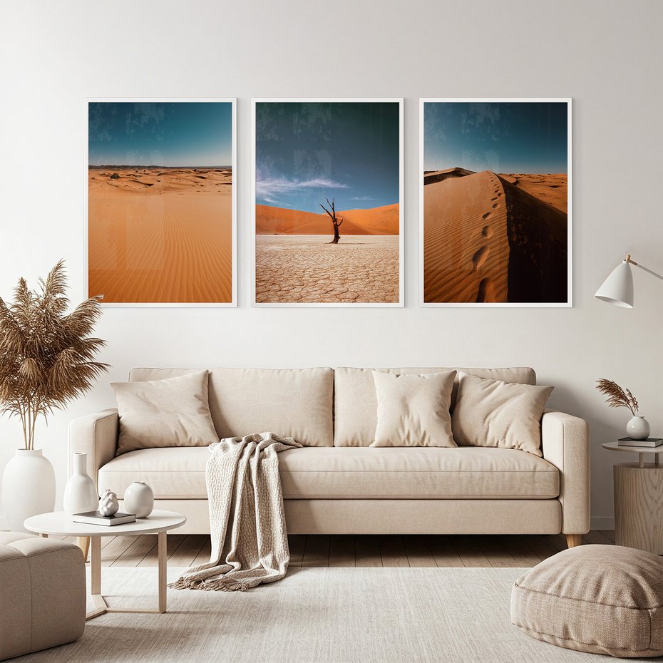Zestaw obrazy w ramie, plakaty - pustynia, piasek, niebo - rama biała