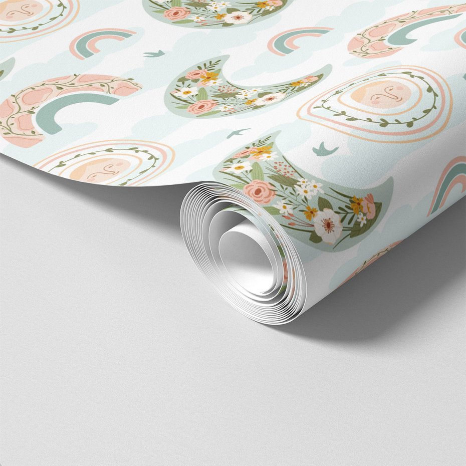 Tapeta - dziecięca, księżyc, tęcza, kwiaty